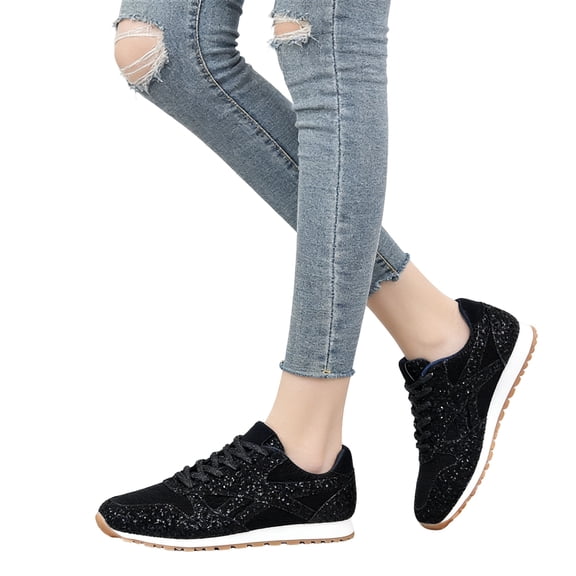 Glitter Sneakers for Women, Fashion Lace Up Casual Shoes with Rhinestone and Mesh, Low Top Sparkly Comfortable Walking Shoes