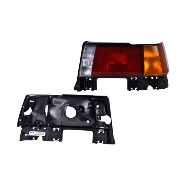calavera depo toyota tercel 1991 - 1994 pasajero — mica trasera derecha con secciones roja, ámbar y transparente; vista frontal y posterior del alojamiento plástico negro con orificios para bombillas y soportes de montaje, compatible con Tercel 91-94, marca DEPO. A menudo se usa como repuesto de reemplazo en restauraciones de faros traseros.