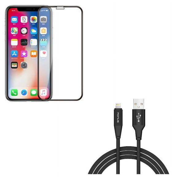 iPhone XS/X - Tempered Glass Screen Protector w Charger Cord 6ft USB Cable - 5D Touch Curved Edge Full Cover Bubble Free Case Friendly 9H Hardness, Power Wire Braided Long Sync Fast Charge