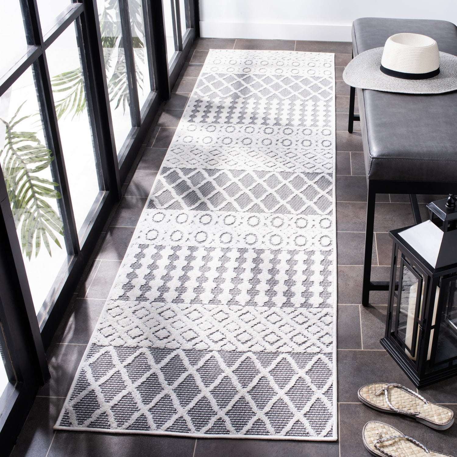 SAFAVIEH Cabana Elouise Ivory/Grey 2'2"X9' Runner Indoor/Outdoor Runner Rug Ivory/Grey, 2'2" x 9'