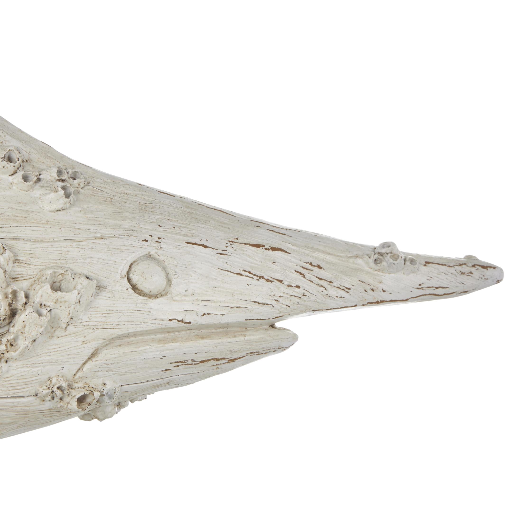 44" x 16" Cream Polystone Textured Fish Sculpture with Brown Distressing and Black Metal Stand, by DecMode