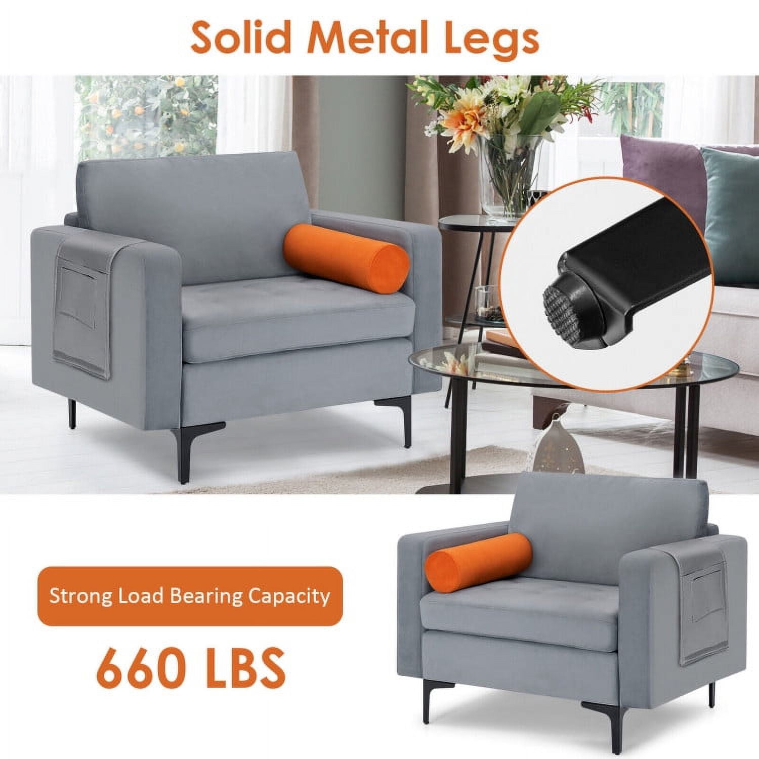 Finihen Upholstered Accent Sofa Chair, Modern Single Sofa with Cushion Bolster and Side Storage Pocket, for Living Room, Bedroom, Light Gray