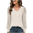 thumbnail image 2 of Delliss Women's Lace Long Sleeve V Neck Blouse Solid Color Top Knitted Elegant Sweater Beige L, 2 of 7
