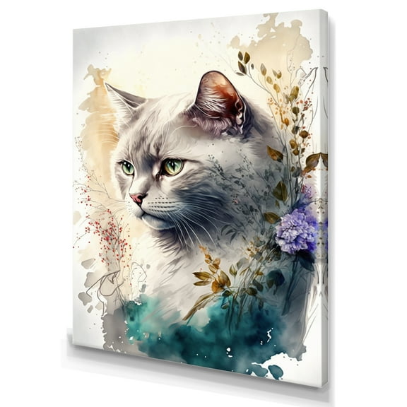 Designart Cute British Cat Floral Art II Canvas Wall Art