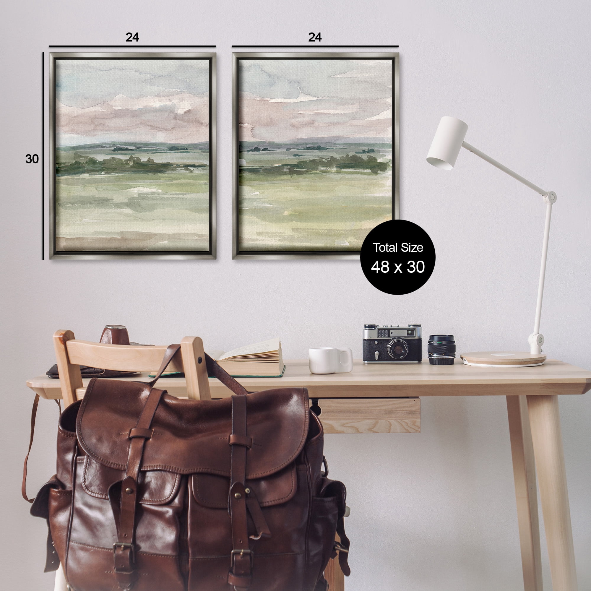Stupell Industries Rural Landscape Watercolors Landscape Painting Gray Floater Framed Canvas Art Print Wall Art, 25 x 31, Set of 2