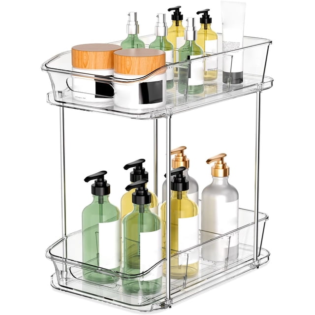 Organizador extraíble de 2 niveles para baño, cocina, almacenamiento debajo del fregadero con divisores, para gabinetes, organización de armarios, almacenamiento transparente