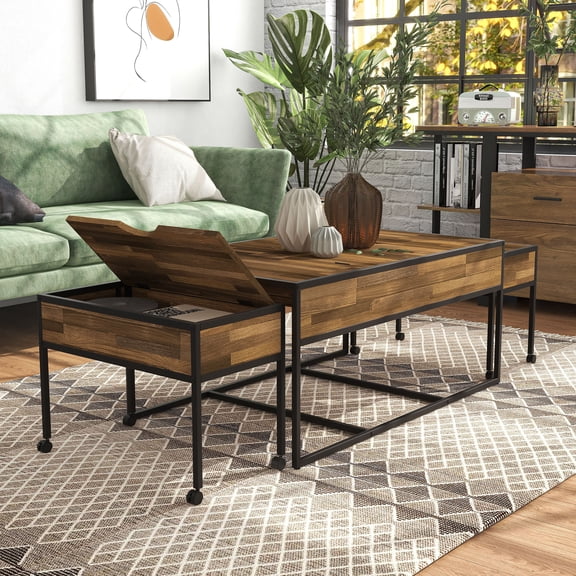 Kavita Lift Top Metal 3-Piece Nesting Table Set, Black and Walnut
