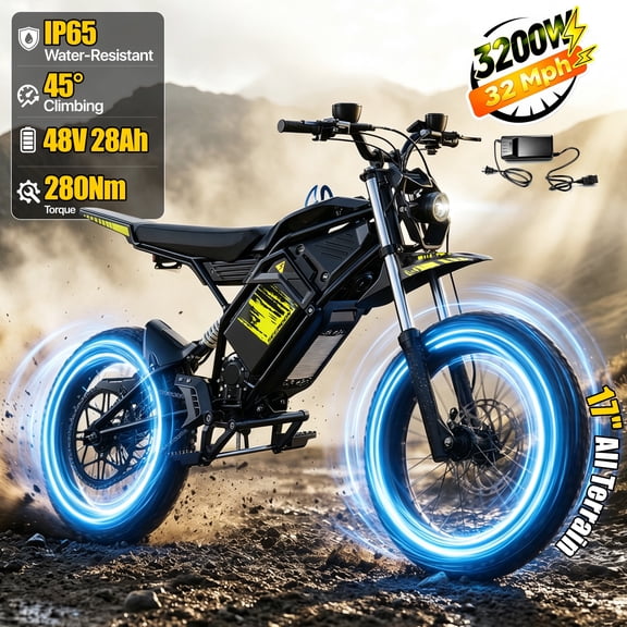Seemoon Electric Dirt Bike for Adults 3200W Peak Mid Drive Off Road 48V 28Ah 32 MPH 45 Miles Dual Hydraulic Disc Brakes Full Suspension 17 16 Inch