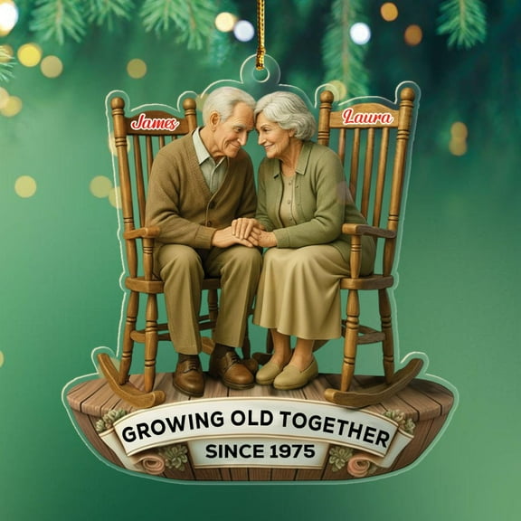 Customized Growing Old Together Shaped Ornament with Name & Year, Old Couple Sitting On Rocking Chairs Ornament Gift for Wedding Anniversary, Personalized Ornaments for Mr & Mrs Grandparents Dad Mom