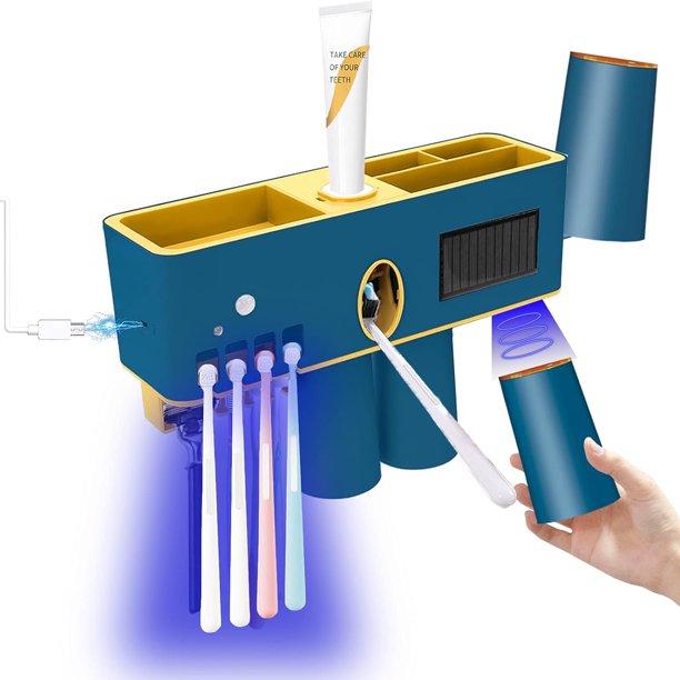 Soporte para cepillo de dientes UV, desinfectante para baño montado en la pared, con dispensador de pasta de dientes, estante de almacenamiento con luz LED UVC, recargable por USB, organizador