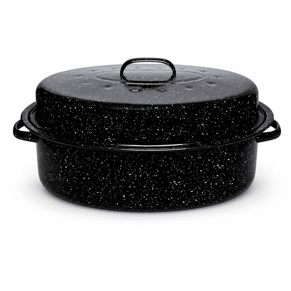 19 Inch Oval Enameled Steel Roasting Pan with Lid, 20 Lb Capacity