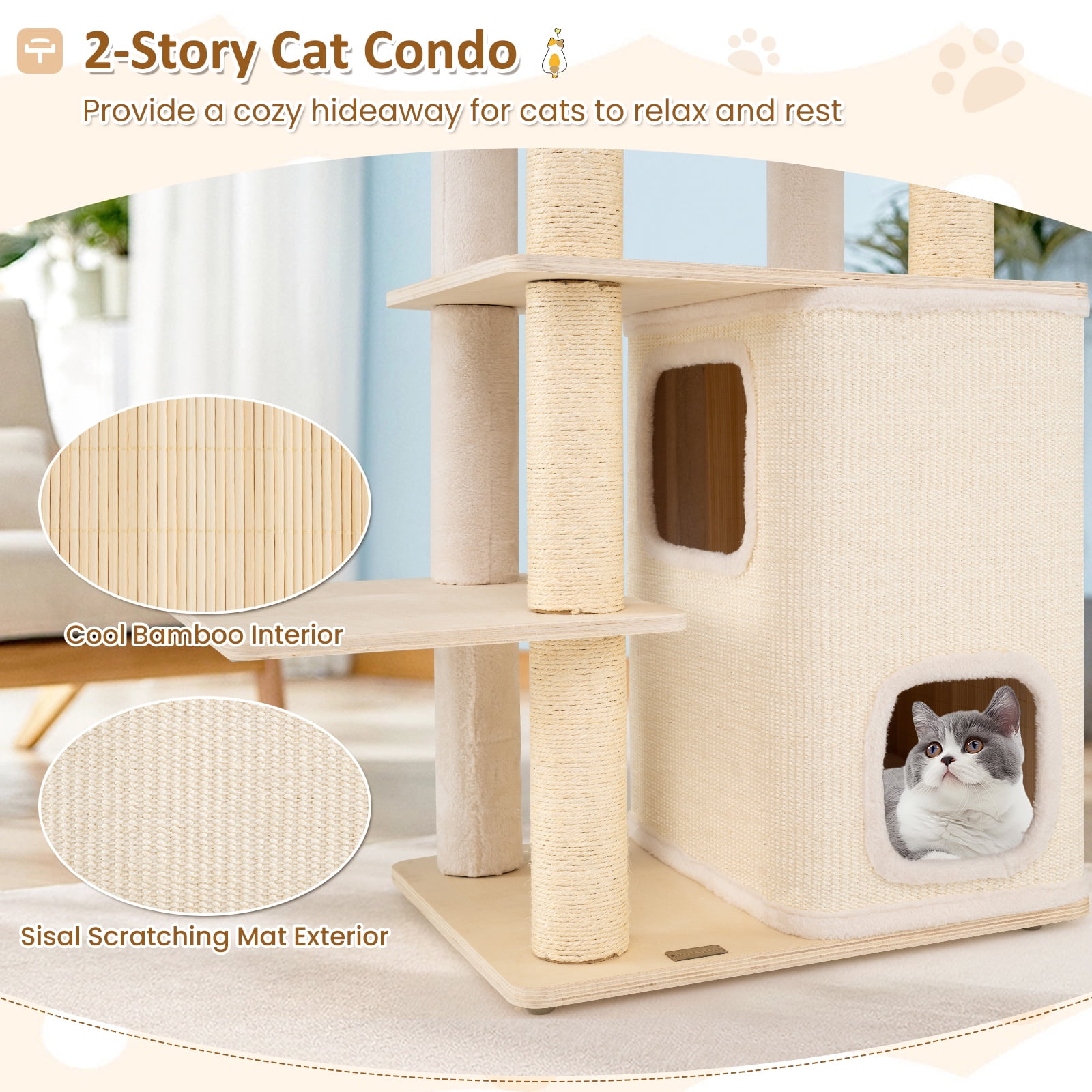 Gymax 63'' Tall Wooden Cat Tree w/2-Story Condo Plush Padded Top Perch Dangling Ball