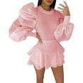 thumbnail image 1 of Women Ladies Puff Sleeve Tops Pullover Sweater Blouse Jumper Ribbed Shirt, 1 of 2