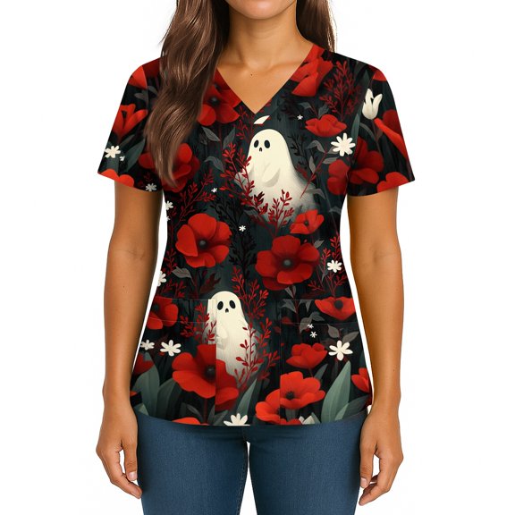 IYYVV Halloween Scrubs for Women Cute V-Neck Pumpkin Printed Nursing Working Uniforms with Pockets Holiday Stretchy Tee Shirt Red 2XL