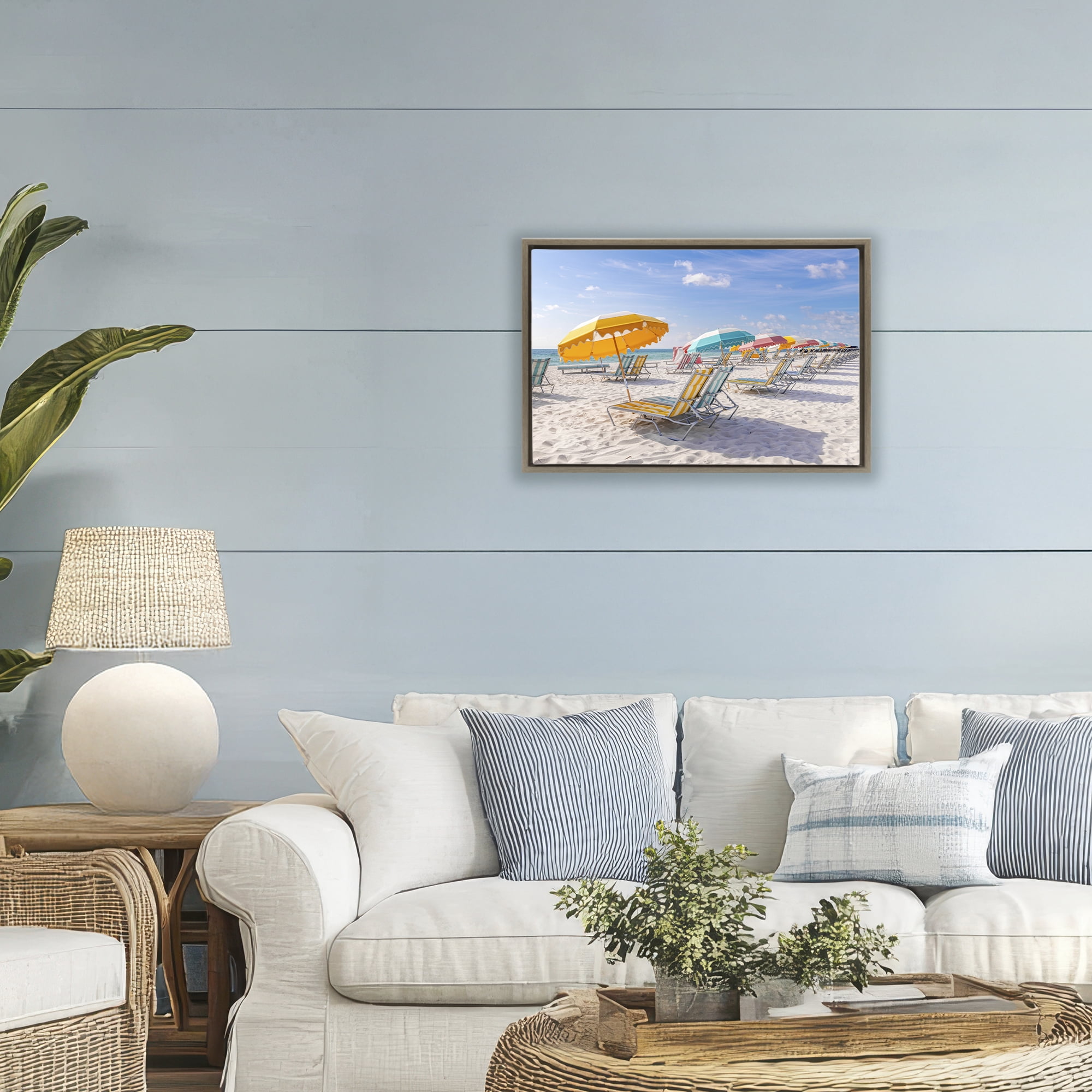 Stupell Industries Striped Umbrellas on Sunny Beach Brown Framed Floater Canvas Wall Art, design by Richard Silver