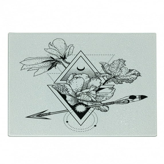Alchemy Cutting Board, Mystic of Flowers Triangles and Boho Arrows with Modern Influences, Decorative Tempered Glass Cutting and Serving Board, in 3 Sizes, by Ambesonne