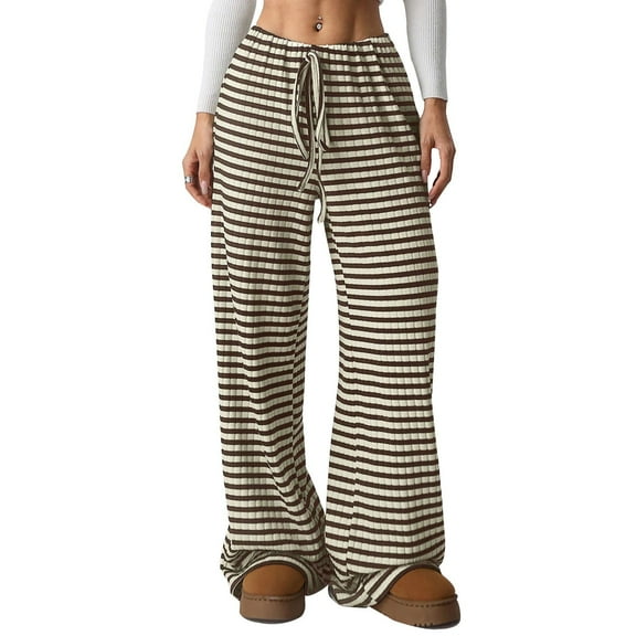 jinghuiyue Women Wide Leg Pants Striped Elastic Low Waisted Pants Casual Knit Loungewear with Drawstring M