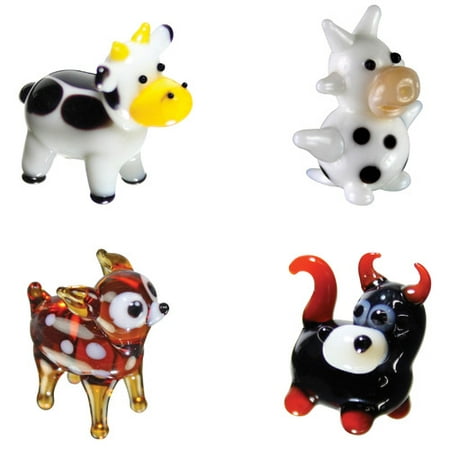 BrainStorm Looking Glass Miniature Glass Figurines, 4-Pack, Cow/Dairy Cow/Deer/Bull