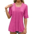 thumbnail image 3 of Women's Eyelet Embroidery T-shirt Short Sleeve Square Neck Fake Two Pieces Top Spring Summer Top Blouse, 3 of 7