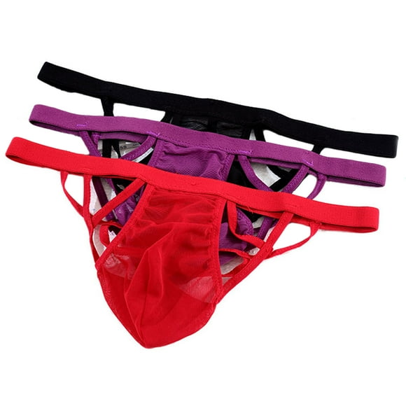 Men's 3 Colors Pack Sexy Underwear Ice Silk G-Strings Waistband Bikini Thongs Jockstrap Clothing Gift For Boyfriend Husband