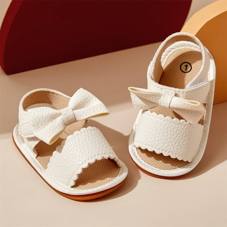 

PatPat Toddler Shoes Baby Girl Sandals Summer Infant Open Toe Bowknot PU Non-Slip Sole Velcro Shoes White Size 3-4.5