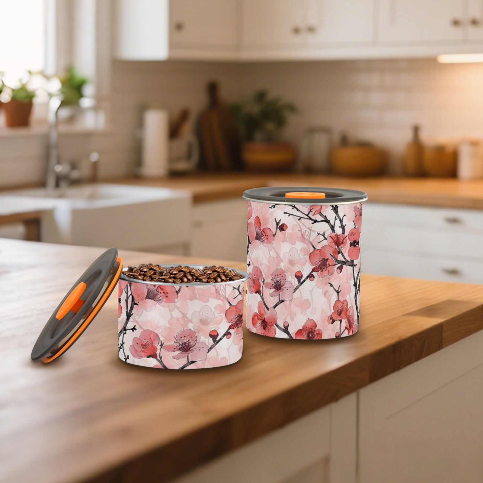 Red Cherry Blossom Floral Flowers Airtight Coffee Bean Canister 30oz Food Storage Containers with Lids For Gournd, Tea, Sugar, Flour, Rice, Cereal, Candy Cookie Jar
