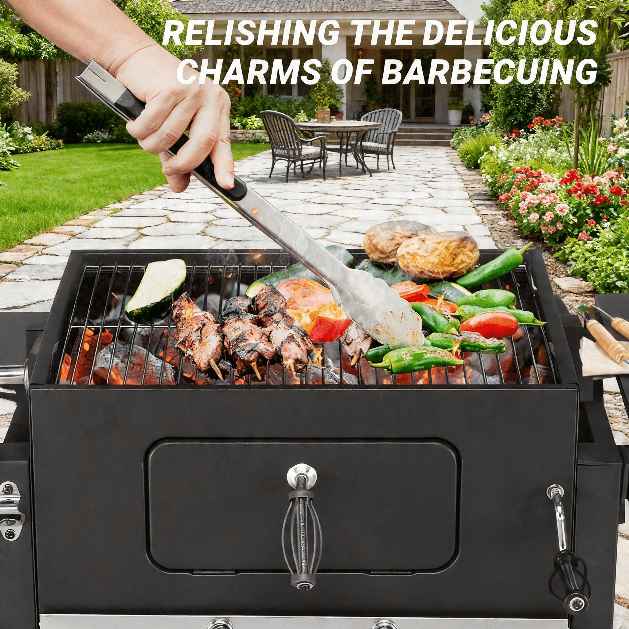 LODZPK Charcoal Grill with Foldable Side Table & Wheels, Heavy-Duty for Patio Garden Grilling
