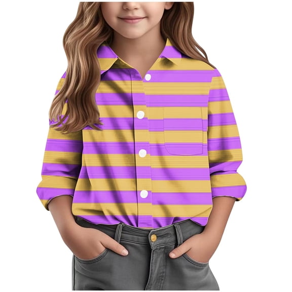 CHZAYXI Shirts For Girls Long Sleeve Mixed‑Pattern Woven Shirt Pocket Detail Button‑Front Casual Tops For Kids Multiple Colors(Yellow,15-16 Years)