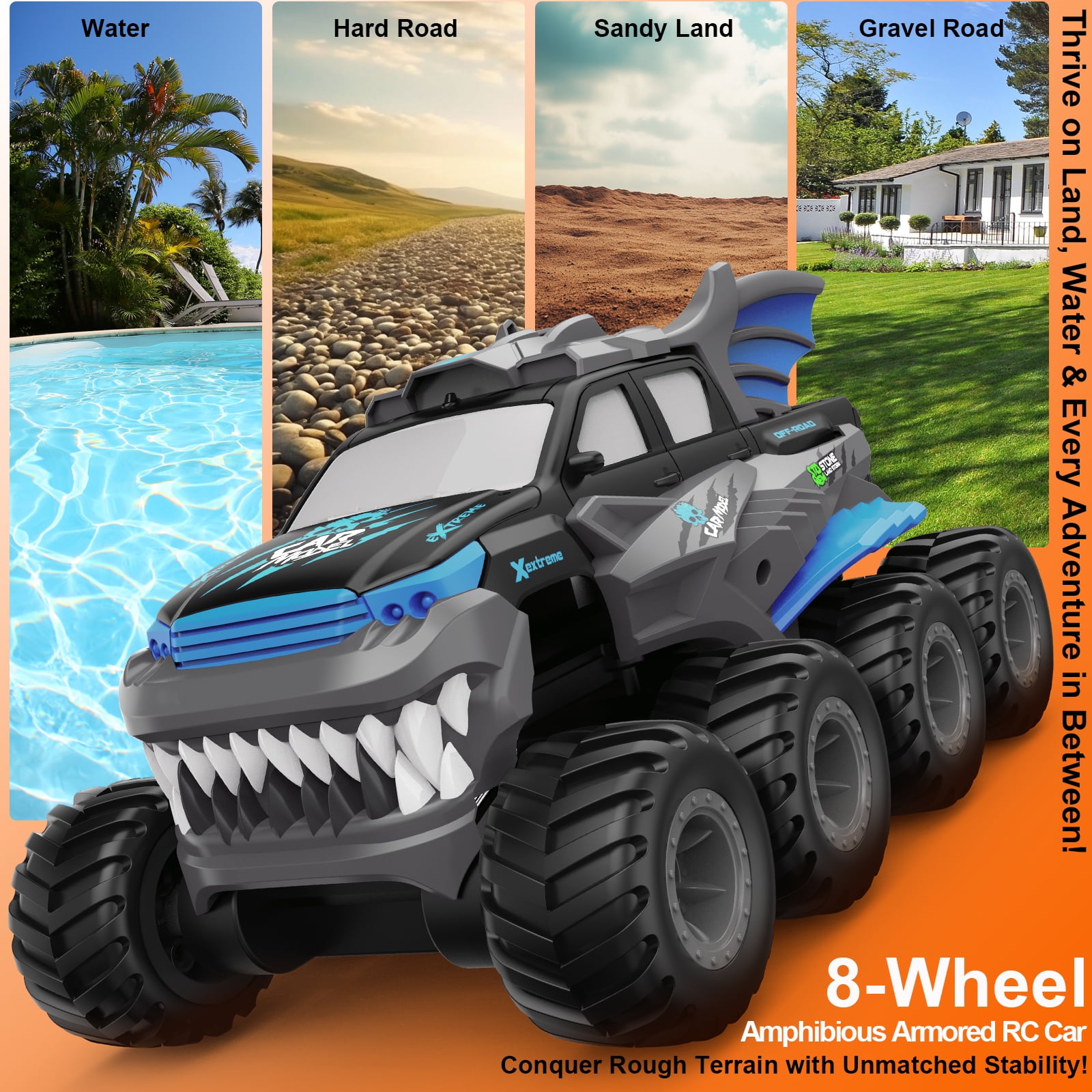 Amphibious Remote Control Car with 2  Rechargeable Batteries, 8WD RC Cars for Boys Age 8-12, Offroad Waterproof RC Monster Truck, 2.4GHz All Terrain RC Drift Cars Beach Pool Toys Gifts for Kids Blue