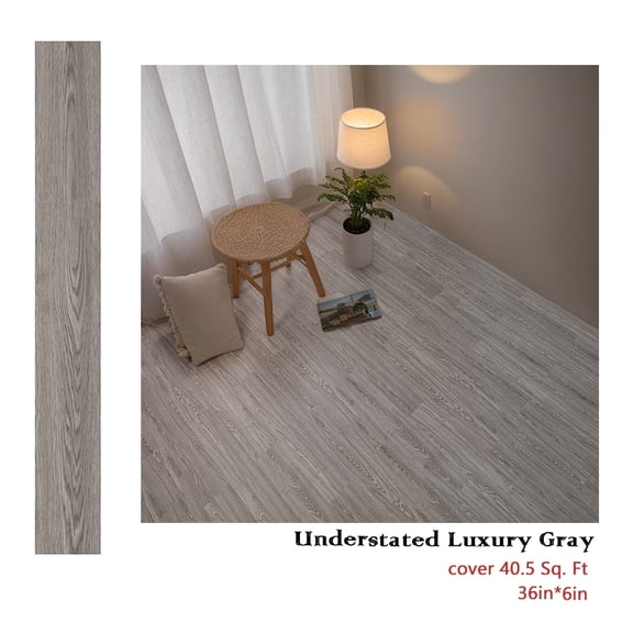 27PCS (covers 40.5 square feet), 36in × 6 in. Wood-grain design self-adhesive waterproof vinyl floor tiles, DIY decorative stickers—suitable for living room, bedroom, and office decoration.