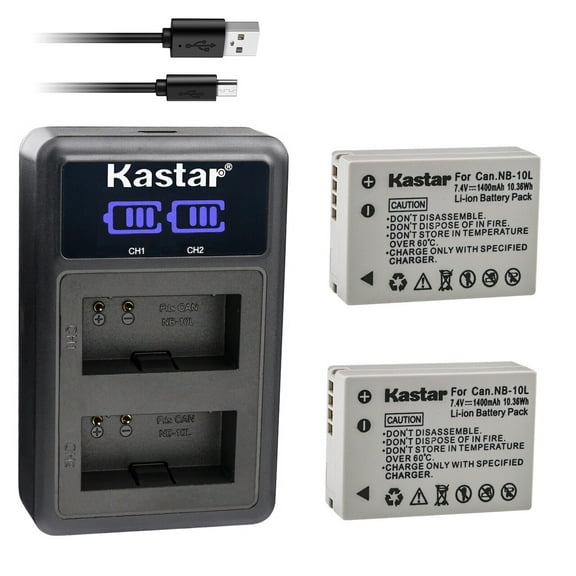 Kastar 2-Pack NB-10L Battery and LED2 USB Charger Compatible with Canon NB-10L NB10L, NB-10LH NB10LH Battery, Canon CB-2LC Charger, Canon G1X G3X G15 G16 SX40HS SX50HS SX60HS Camera
