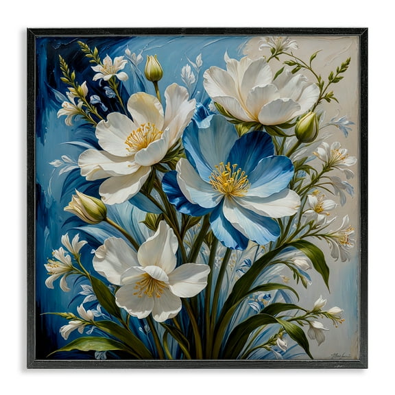 Stupell Industries Curling Floral Petals on Blue Plants & Flowers Painting Black Framed Art Print Wall Art, 12 x 12