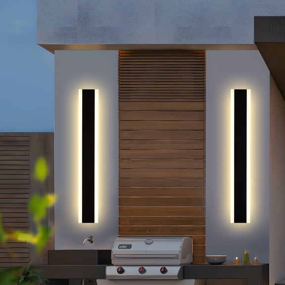 Melucee 2 Pack Long Outdoor Wall Lights, LED 24in Exterior Lighting Fixtures, IP65 Waterproof Matte Black Linear Outside Sconce