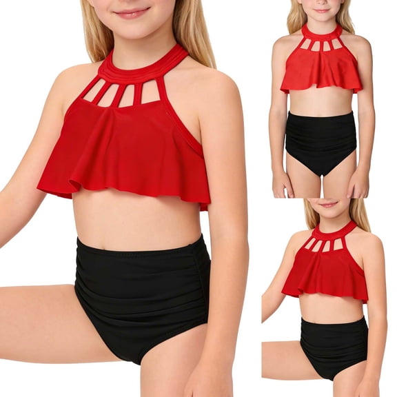 Piuwrlz Red Swimsuit Teen Girls Swimming Suit Two Piece Bikini Red Size 140