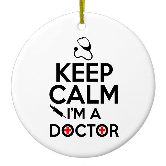 DistinctInk Hanging Ceramic Christmass Tree Ornament with Gold String - Great Gift / Present - 2 3/4 inch diameter - Keep Calm I'm A Doctor