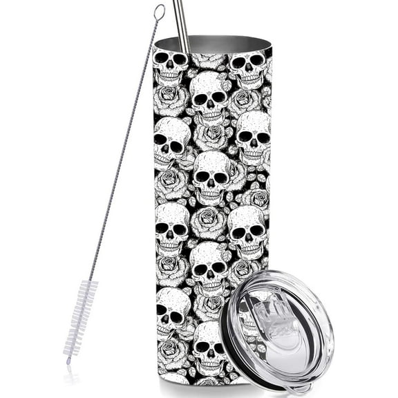 HQWHBU Skull Skinny Tumbler With Lid and Straw, Halloween Stainless Steel Vacuum Insulated Gothic Travel Cup