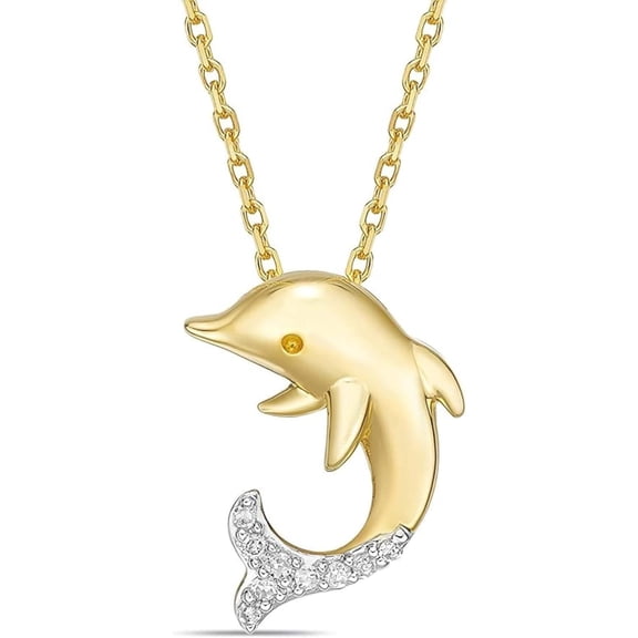 JewelsYard Created Round Cut White Diamond Real 925 Sterling Silver 14K Yellow Gold Finish Dolphin Pendant Necklace Gift for Women
