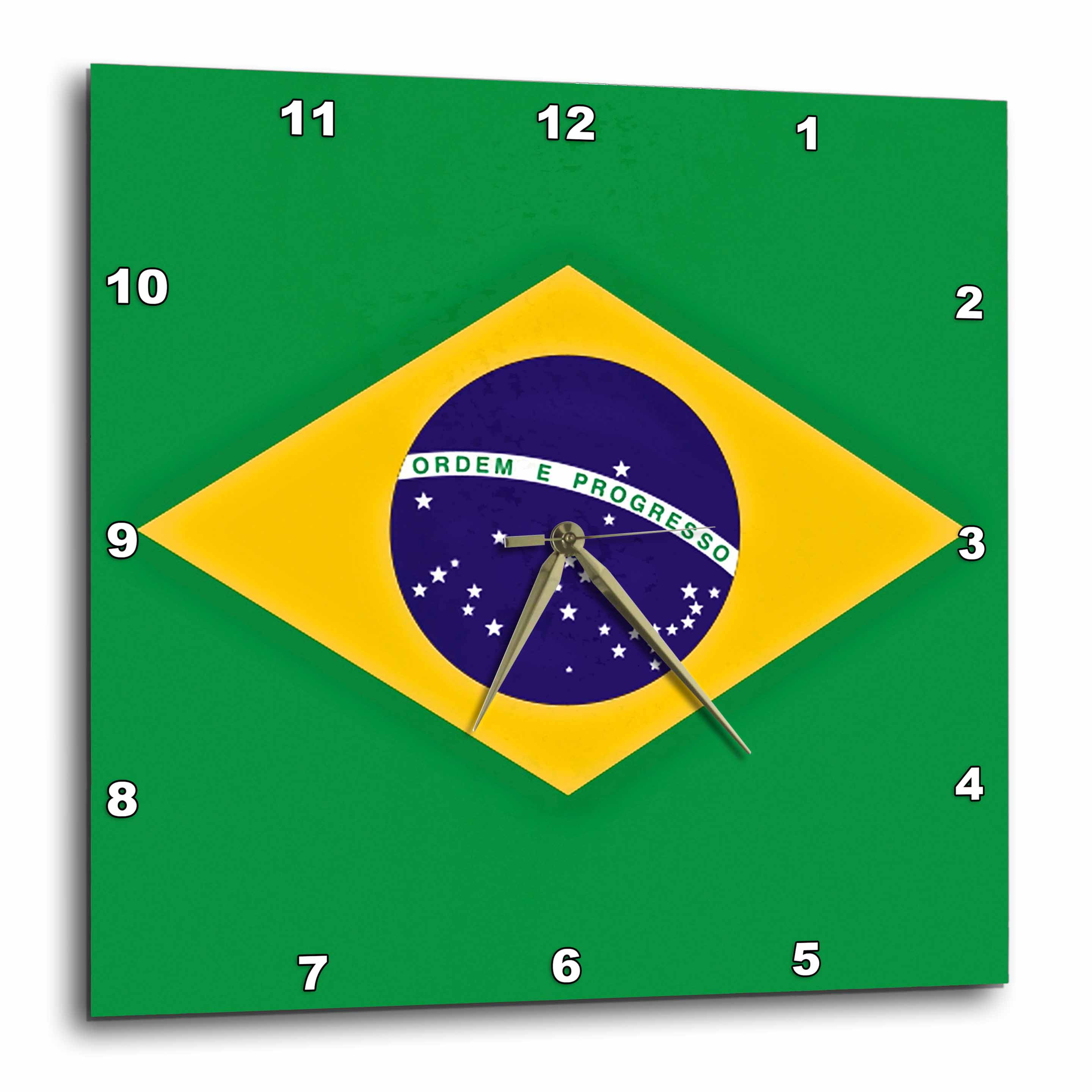 3dRose Brazilian flag. Order and Progress in Brazil Wall Clock, 10 by