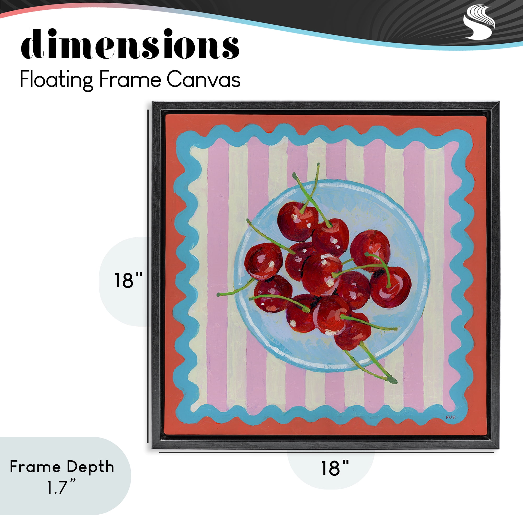 Stupell Industries Red Cherries over Pink Stripes Black Framed Floater Canvas Wall Art, design by Rachael Reese