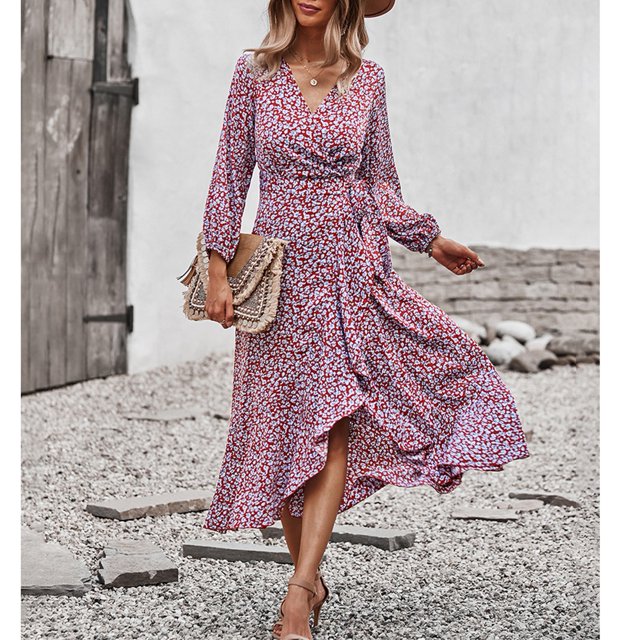 Vestido de una pieza informal de manga larga, vestido floral con cintura cruzada, vestido de mujer con cuello en V y manga larga, vestido cruzado de manga larga para mujer, diseño a prueba de futuro