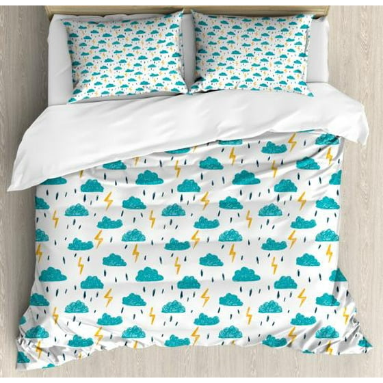 Winter King Size Duvet Cover Set Hand Drawn Style Blue Clouds And Bolts Childish Drizzle Pattern Decorative 3 Piece Bedding With 2 Pillow Shams