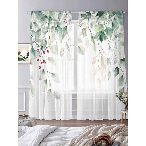Sage Green Sheer Curtains 84 inches Long 2 Panels Set Eucalyptus Leaves Watercolor Leaf Red Fruit Country Tiers Sheers Rod Pocket Small Window Short Curtains for Kitchen Cafe, Each 52" W x 84" L