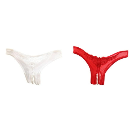Lojoutye 2 Pack(White 1PCS & Red 1PCS) Multipack Panties for Women Thong Plus Size Women Underwear Lace Open Cut Pearl Massage Hollow Low Waist Triangle Pants