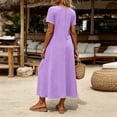 thumbnail image 6 of Women's Solid Round Neck Beach Dress Short Sleeve Vacation Skirt, 6 of 8
