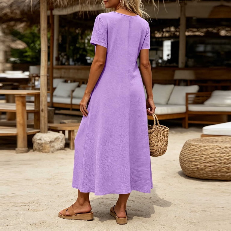 ladies loose fitting dresses Lenpel Sundresses for Women Fit Crew Neck Short Sleeve Maxi with Pocket Summer Beach Vacation Long Dresses, Women's, Size: Medium promdress