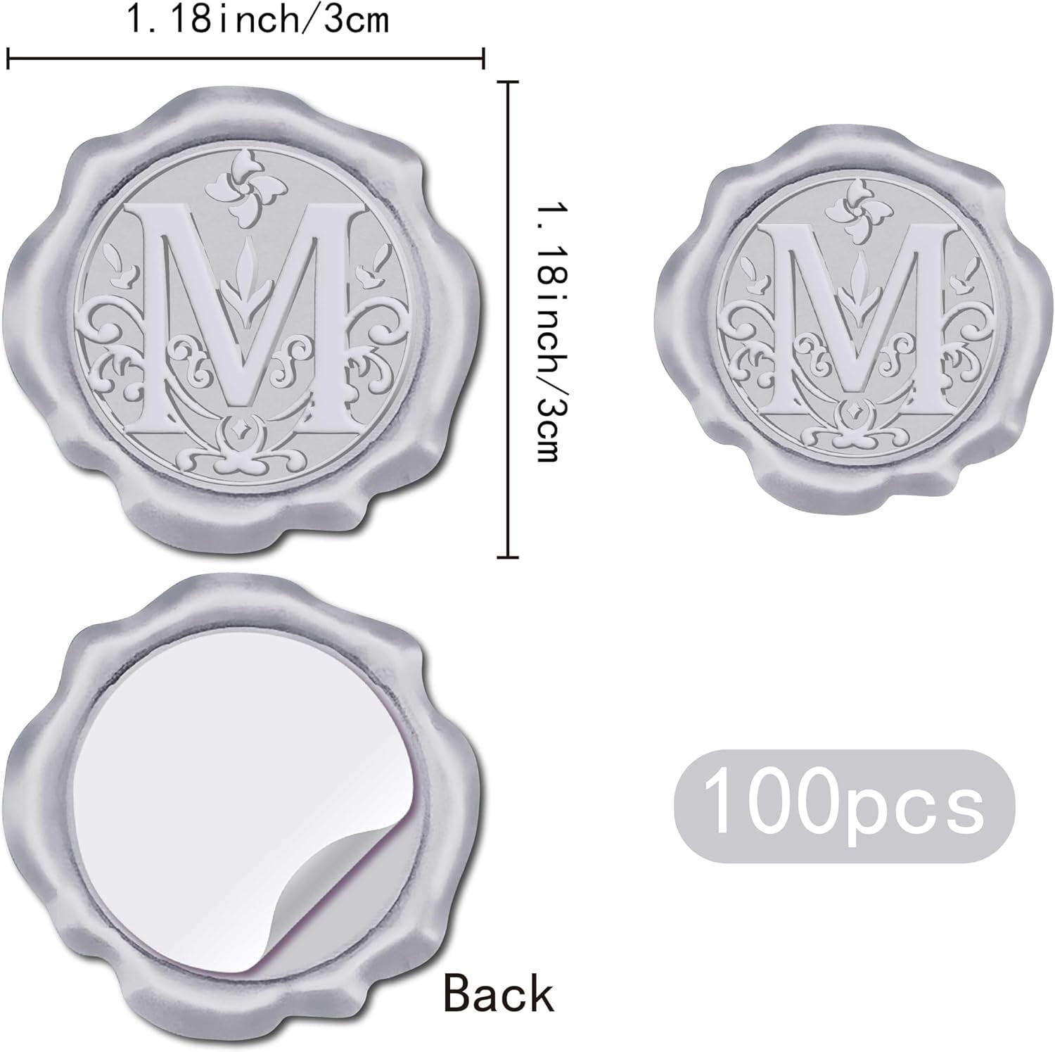 100pcs Initial M Wax Seal Stickers Silver Letter Alphabet Self Adhesive Seal Stickers Sealing Label Decal