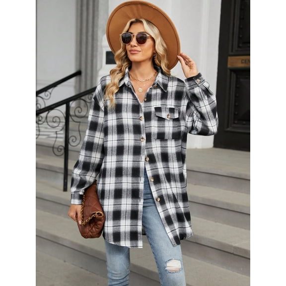 Women's Long Sleeve Plaid Button-Up Shirt Jacket with Collared Neckline - Medium, Black