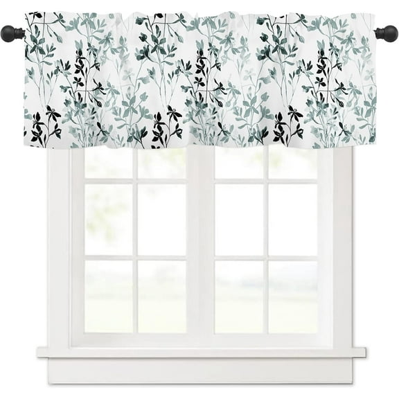 Watercolor Teal Green Black Floral Kitchen Curtains Valances for Windows Farmhouse Leaf Flowers Rod Pocket Small Valance Window Treatments Half Short Curtain 45x18 Inch for Bathroom Living Room Decor