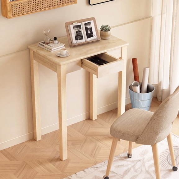 100% Solid Wood with Drawers 24 x 16 Inch Small Desk Mid Century Modern Desk Vintage Small Writing Wooden Desks for Small Spaces Bedroom, Living Room, Office