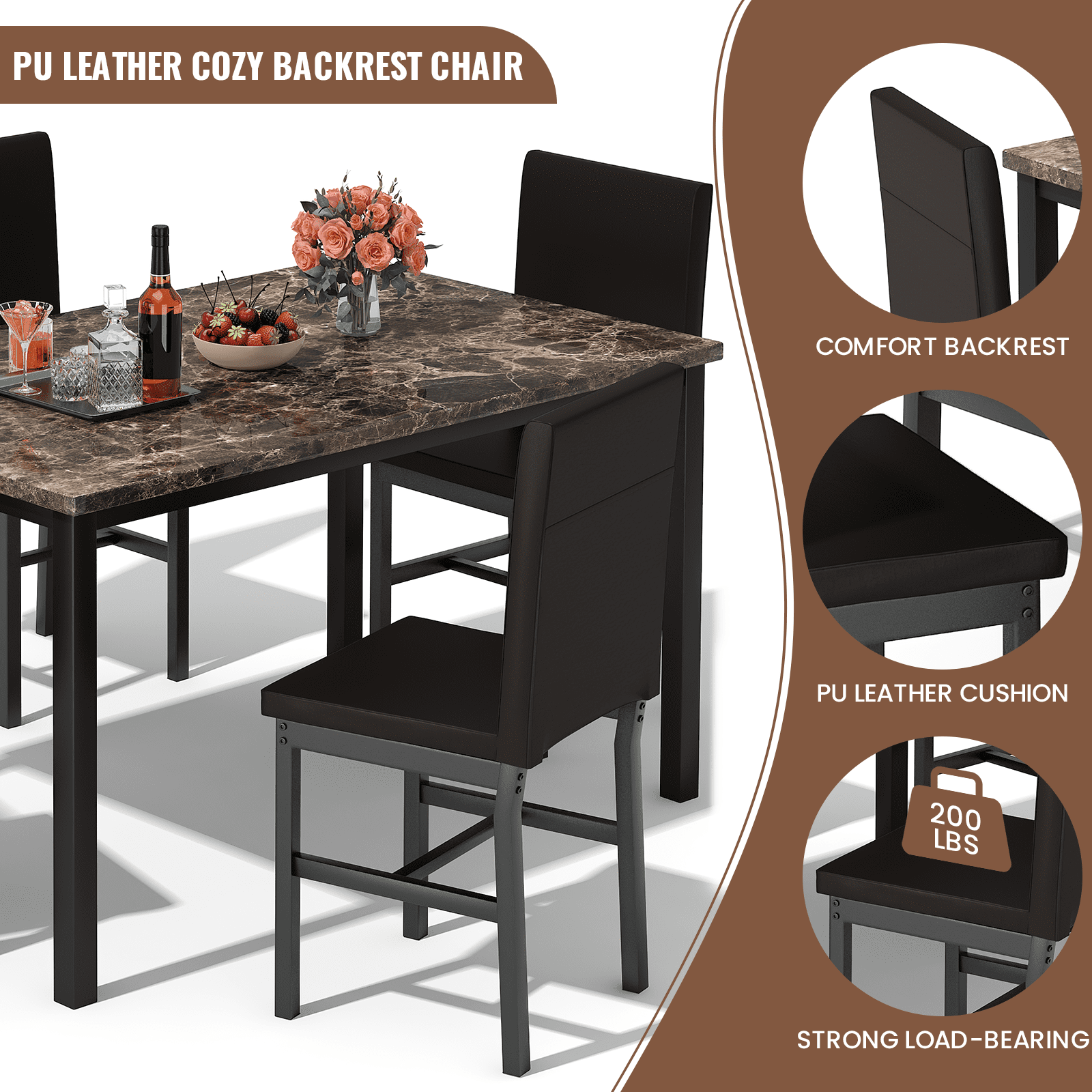 Cvortll Dining Table Set for 4, Modern Faux Marble Kitchen Table Set with 4 Leather Upholstered Chairs, 5-Piece Dinette for Dining Room, Nooks